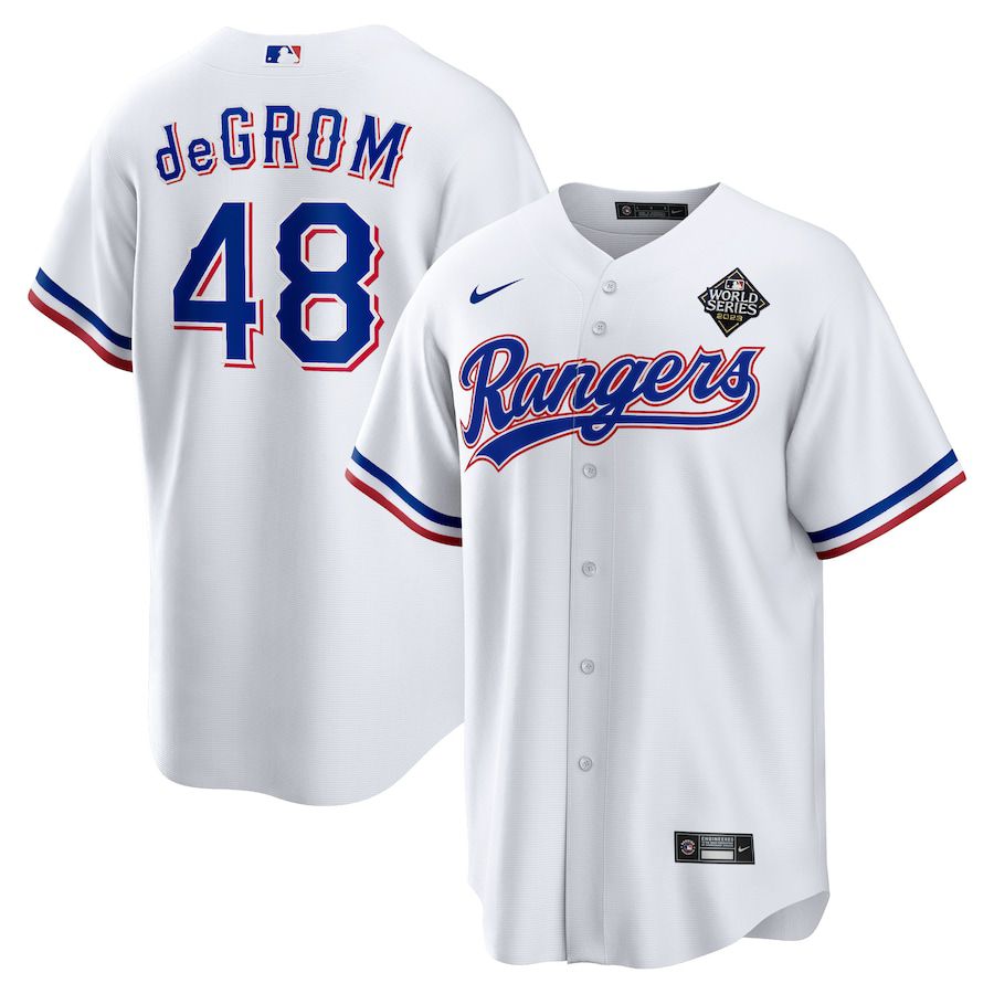 Men Texas Rangers #48 Jacob deGrom Nike White 2023 World Series Replica Player MLB Jersey->texas rangers->MLB Jersey